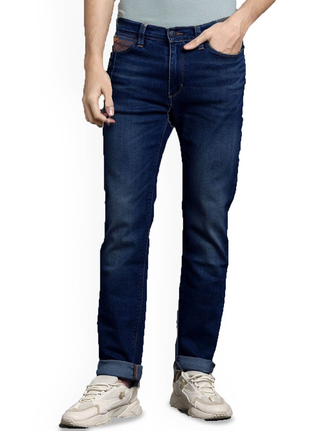 

fineblu Men Slim Fit Low Distress Light Fade Stretchable Jeans, Navy blue