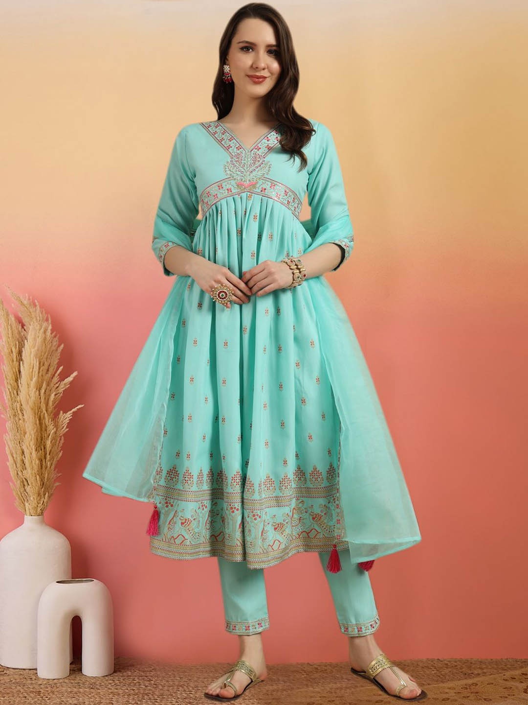 

Sangria Floral Embroidered V-Neck Anarkali Kurta & Trousers With Dupatta, Blue