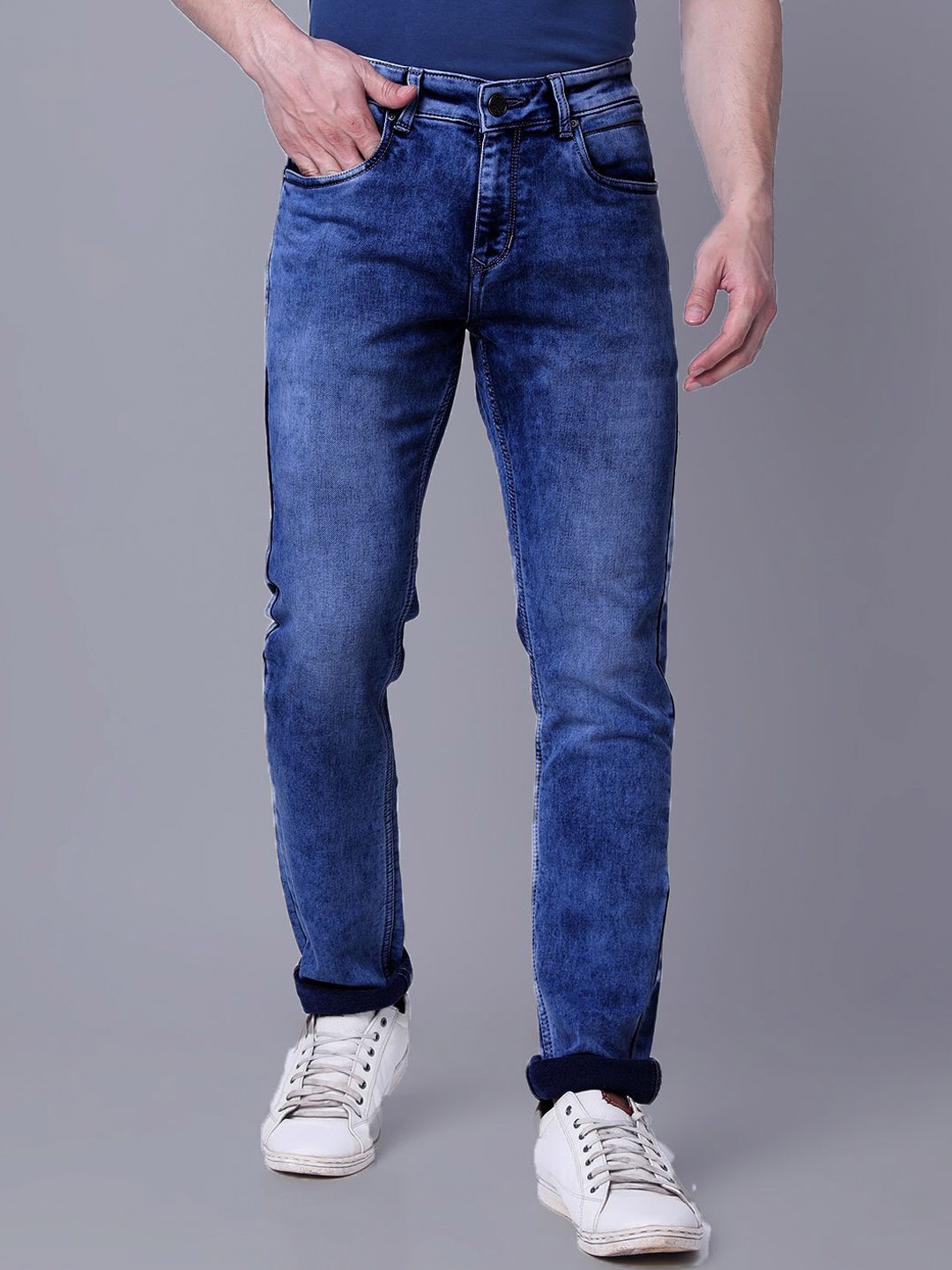 

fineblu Men Slim Fit Slash Knee Heavy Fade Stretchable Jeans, Navy blue