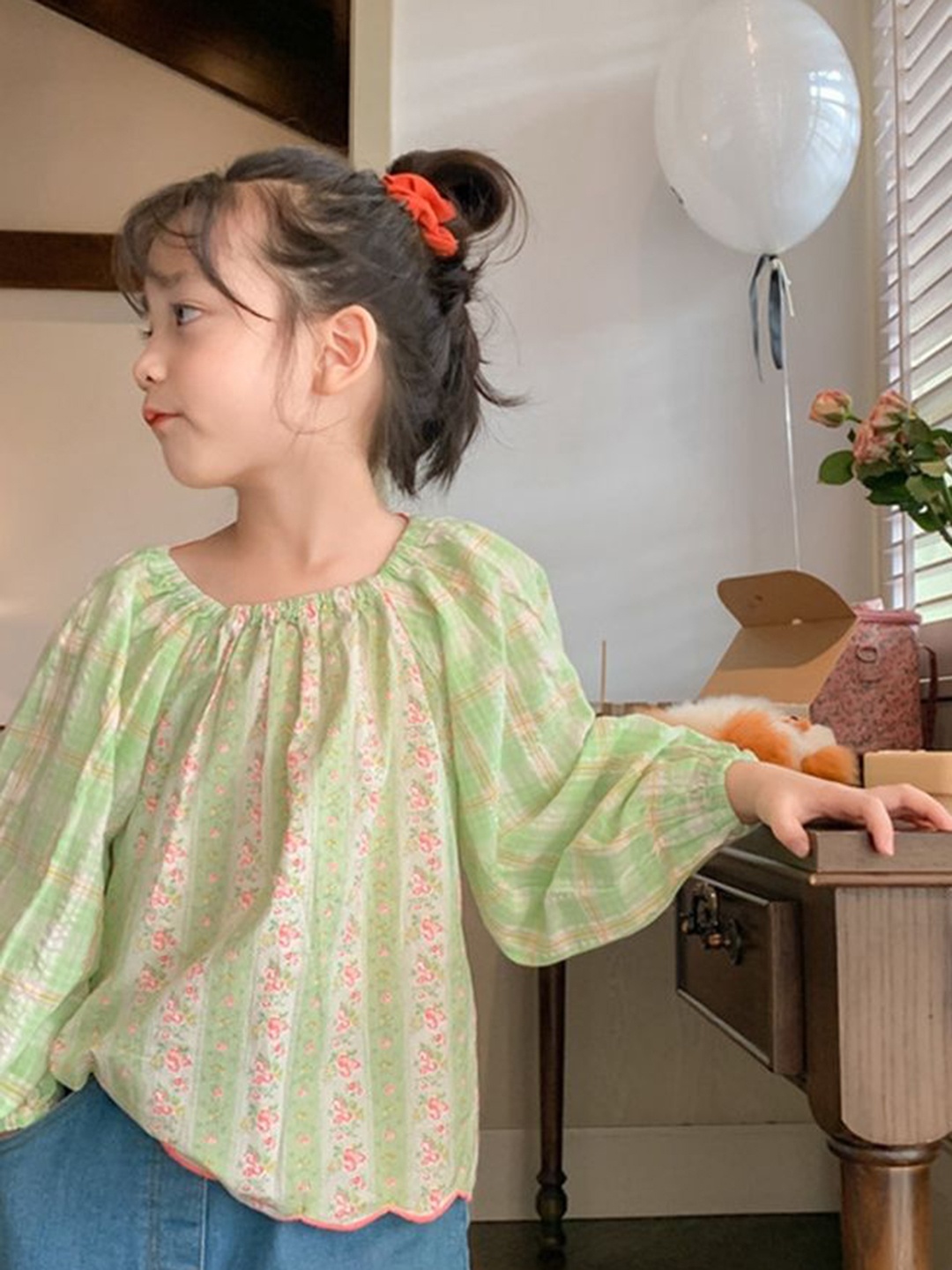 

LULU & SKY Floral Puff Sleeve Cotton Top, Green