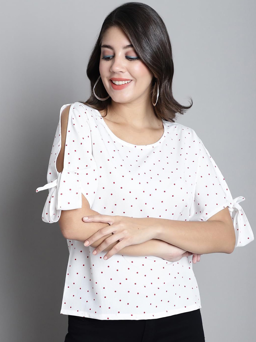 

SZN Polka Dot Print Slit Sleeve Top, White