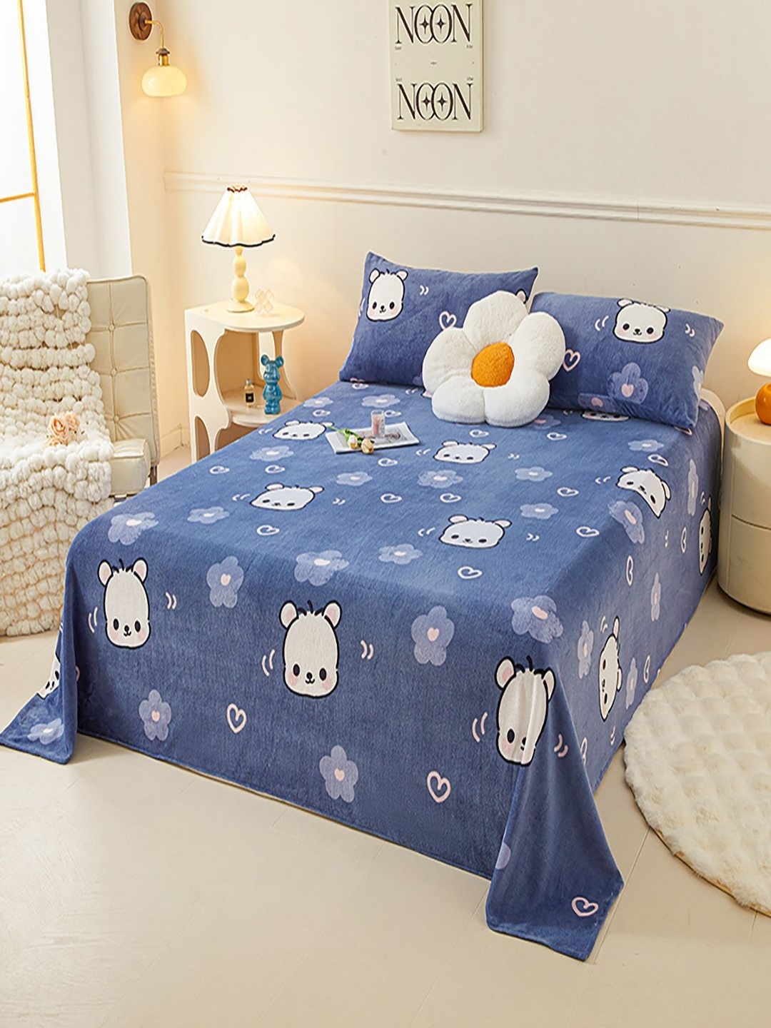 

JC HOME Blue & White Cartoon Characters 150 TC King Bedsheet with 2 Pillow Covers