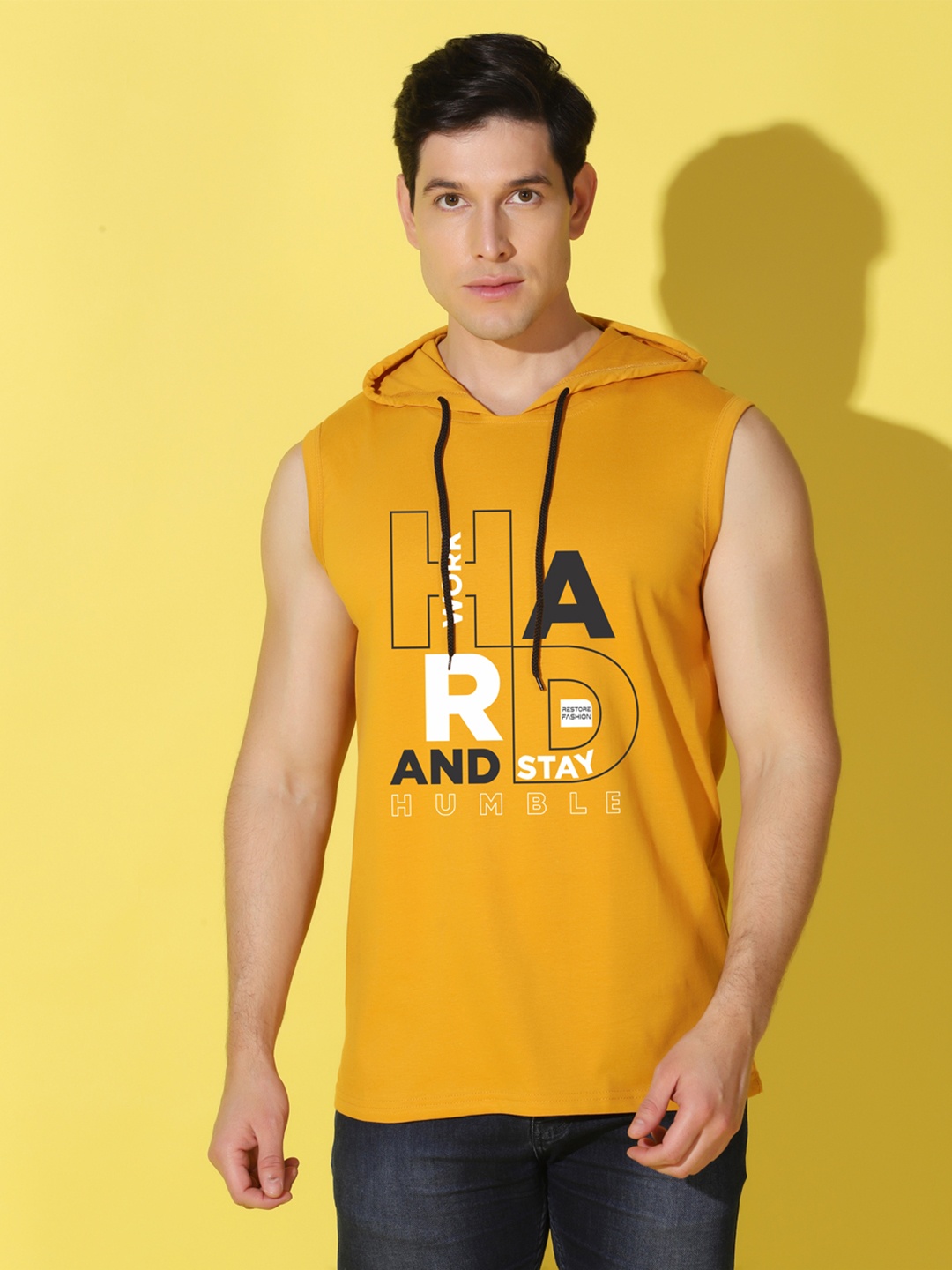 

WOOSTRO Men Typography Printed Hooded Slim Fit T-shirt, Mustard