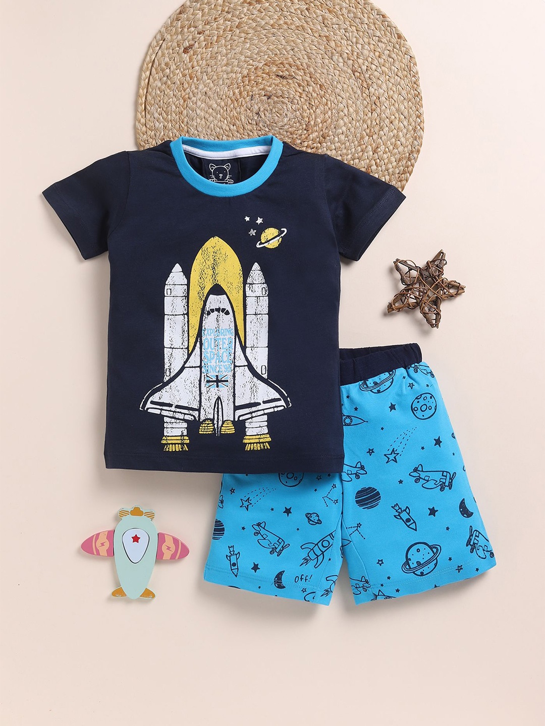 

YK Boys Printed T-shirt with Shorts, Navy blue