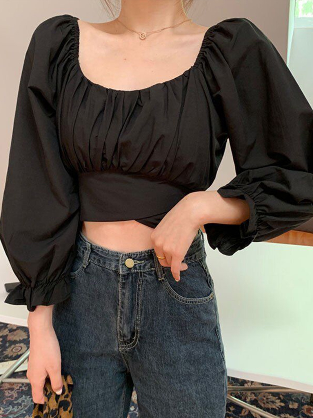 

NiloBerry Puff Sleeve Chiffon Blouson Crop Top, Black