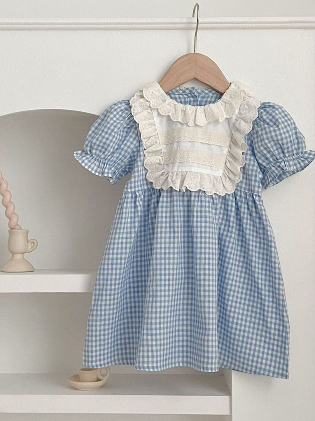 

LULU & SKY Checked Puff Sleeve A-Line Dress, Blue