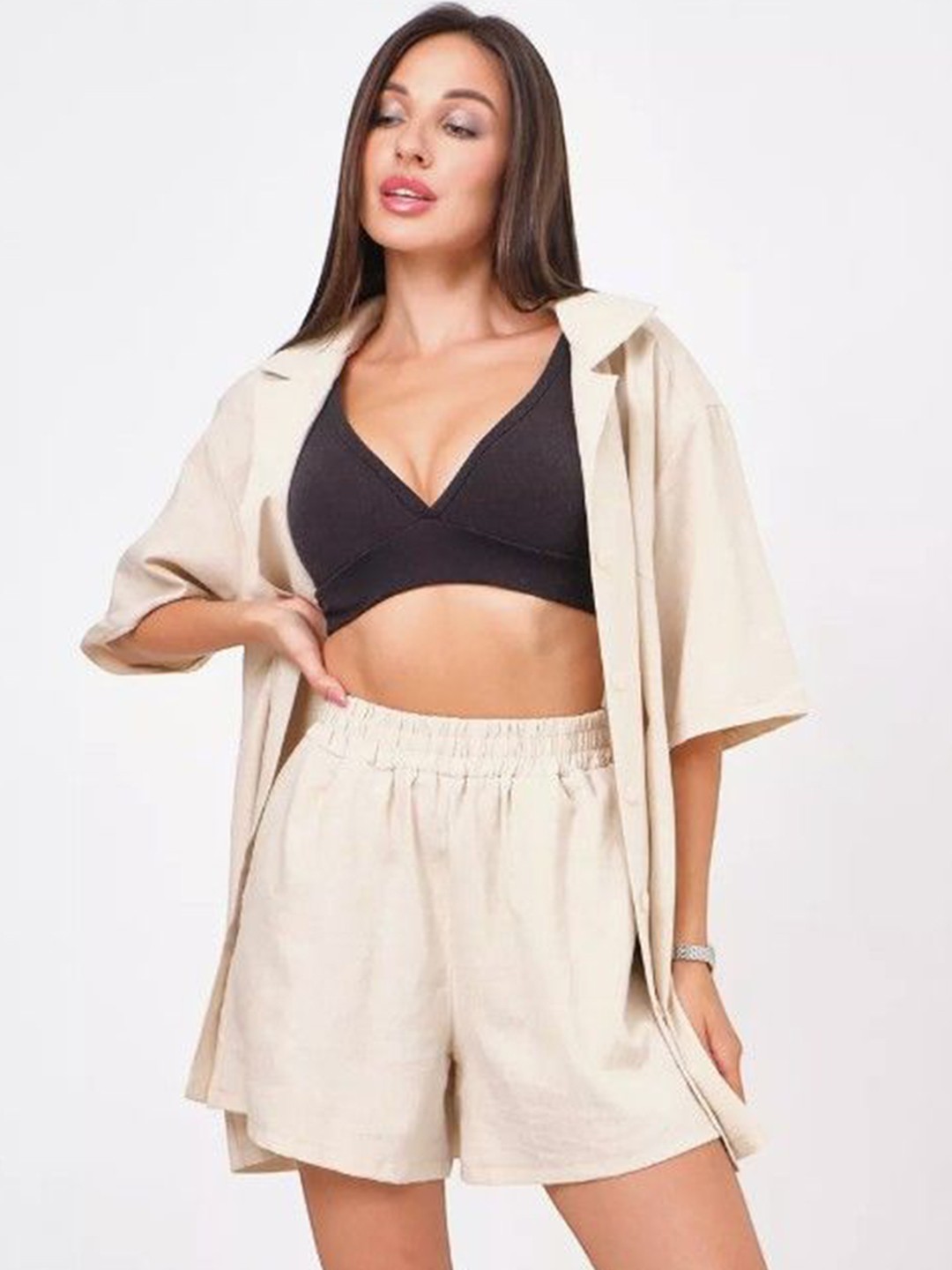 

Bella Babe by SK Relaxed Fit Pure Cotton Shirt With Shorts Co-Ords, Off white