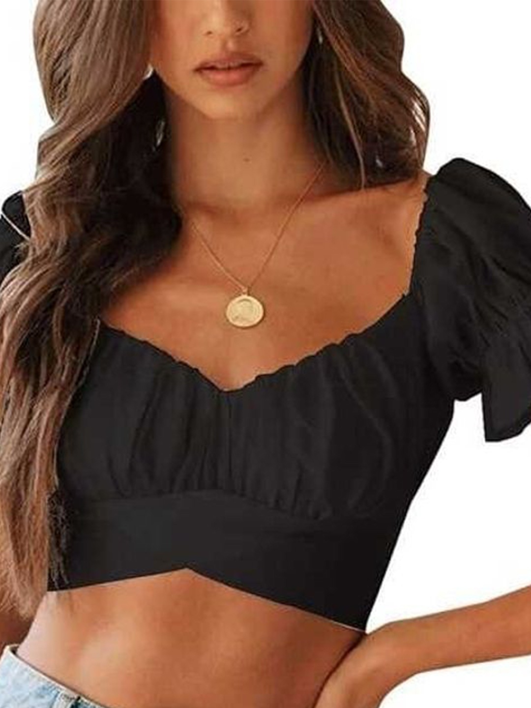 

NiloBerry Cowl Neck Flutter Sleeve Crepe Bralette Crop Top, Black