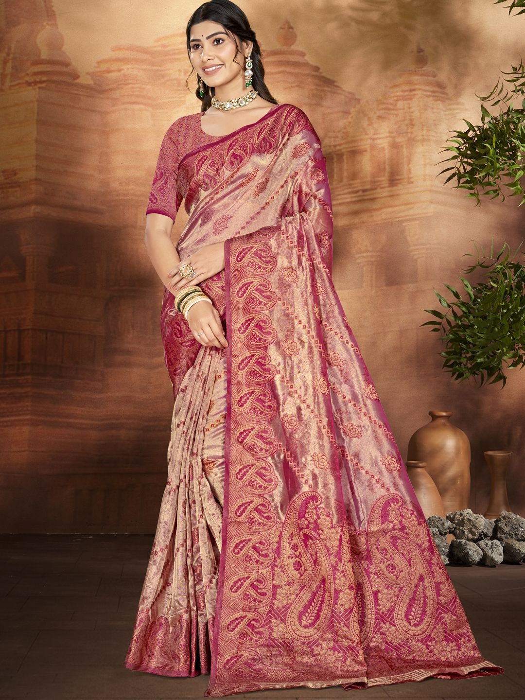 

SANGAM PRINTS Woven Design Zari Organza Tussar Saree, Pink