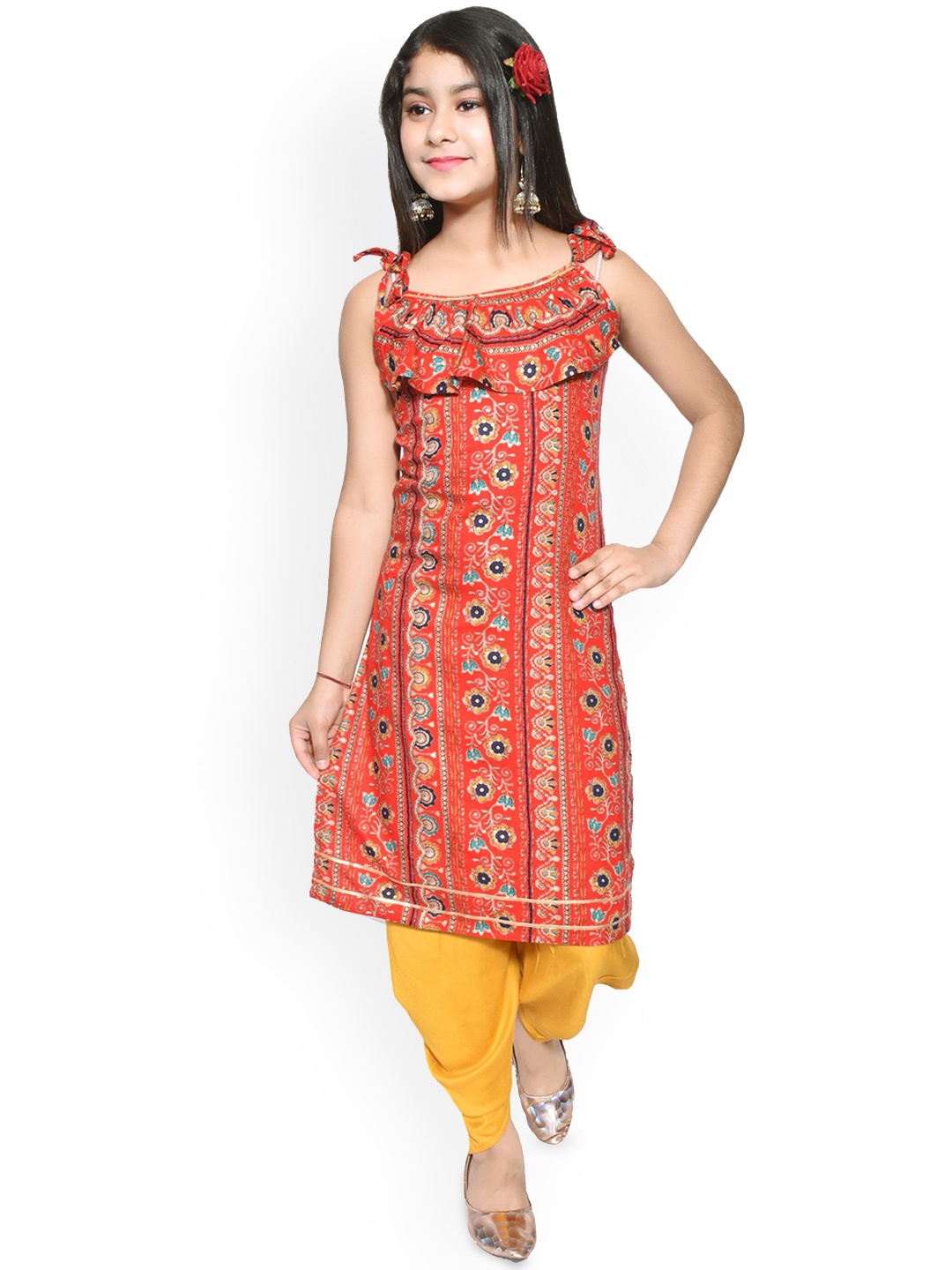 

Kidotsav Girls Ethnic Motifs Printed Regular Sequinned Kurti with Dhoti Pants, Red