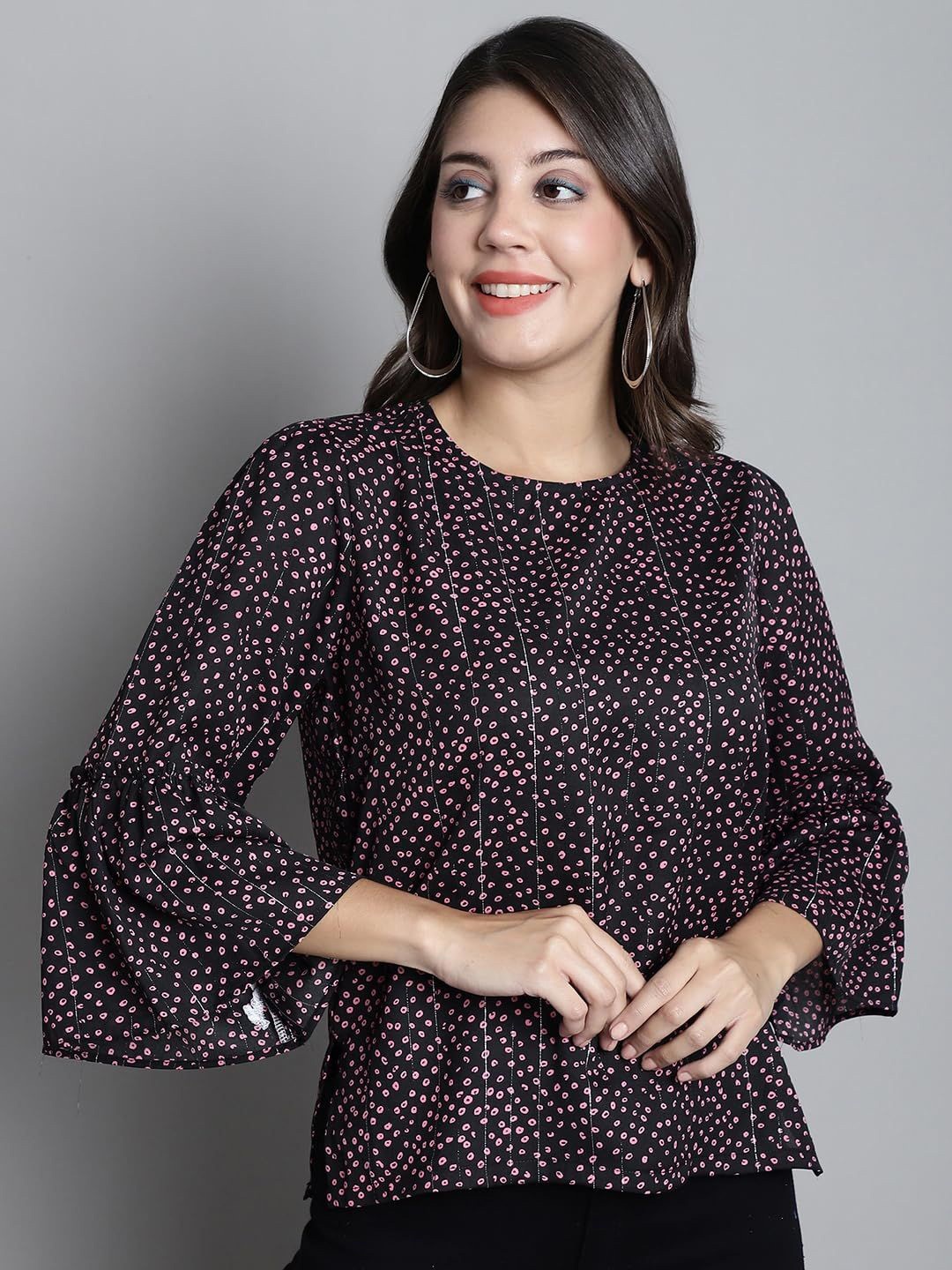 

SZN Polka Dot Print Bell Sleeve Top, Black