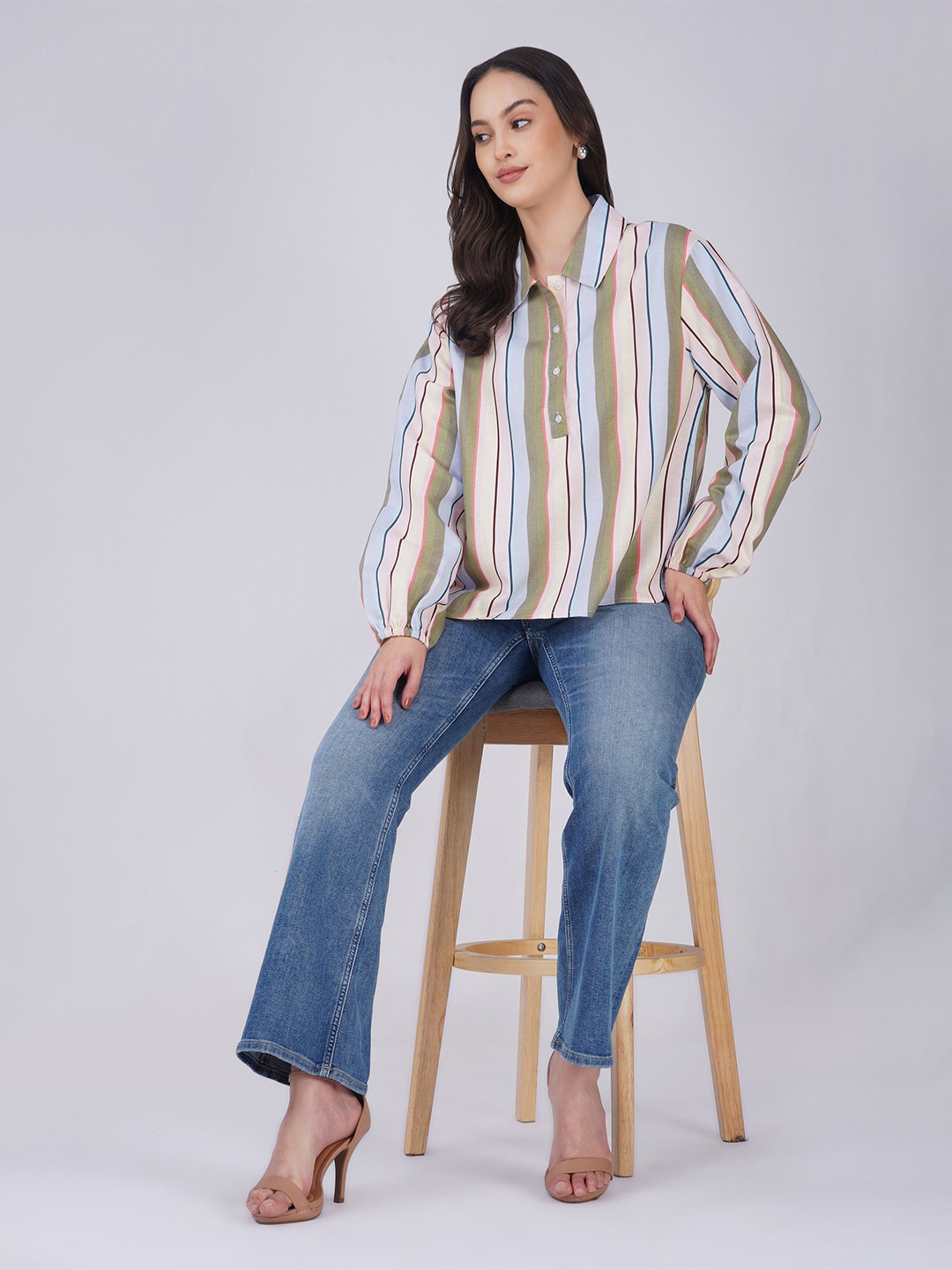 

Avor Lifestyle Striped Puff Sleeve Linen Shirt Style Top, Blue