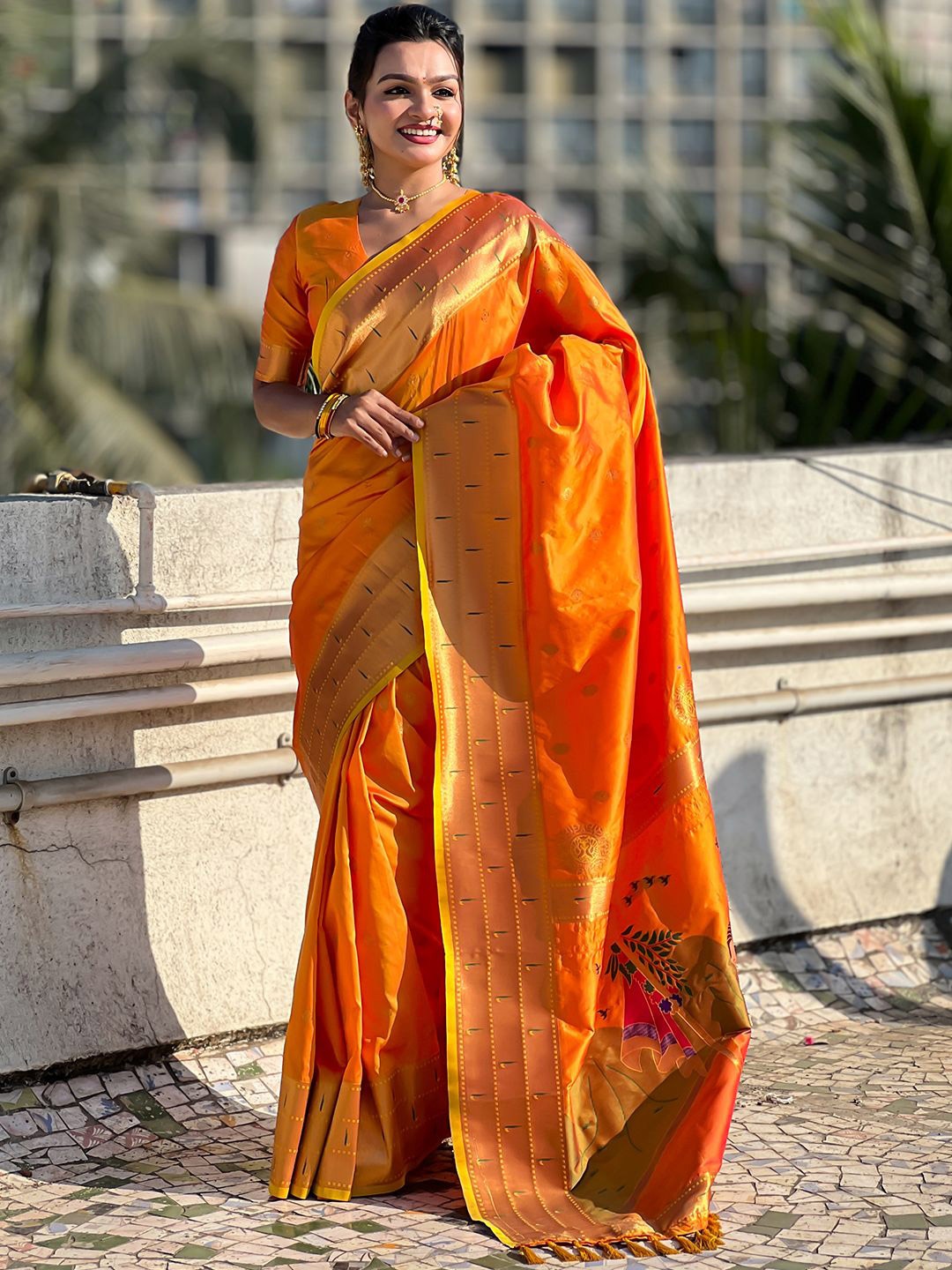 

LeeliPeeri Designer Ethnic Motifs Zari Silk Blend Paithani Saree, Orange