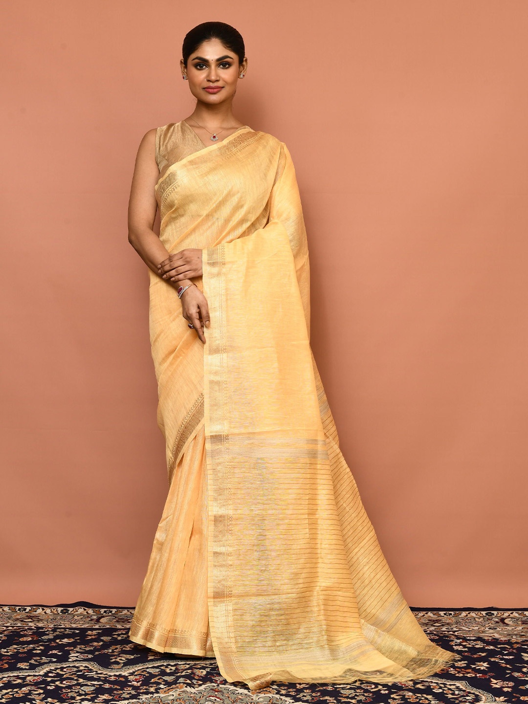 

THREAD SAGA Linen Blend Tussar Saree, Yellow