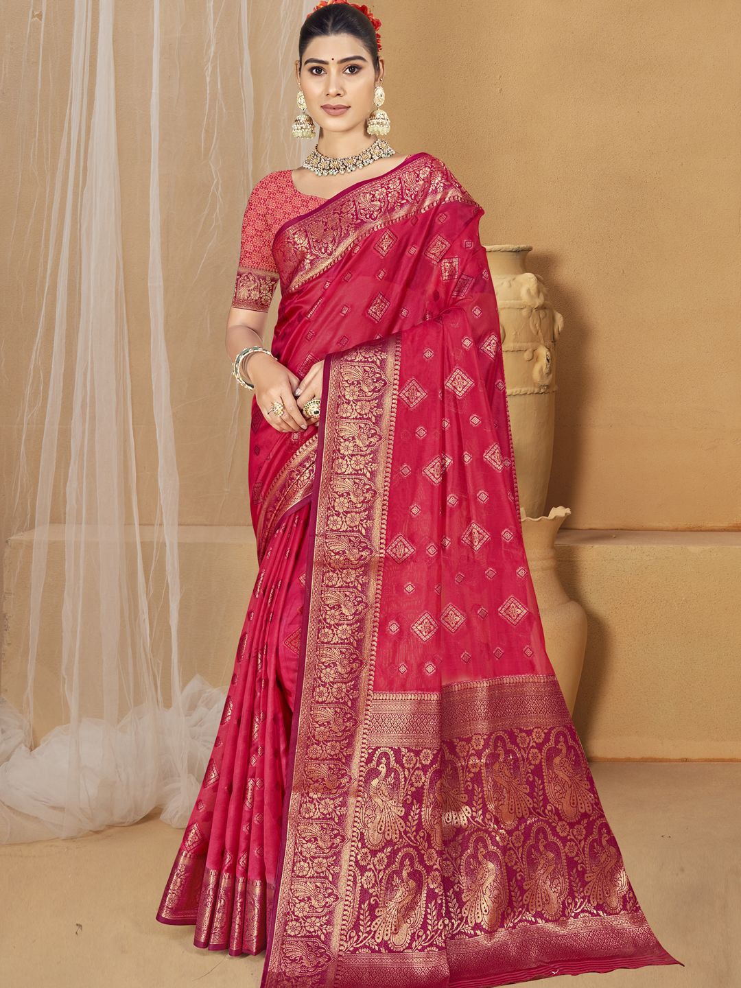 

SANGAM PRINTS Woven Design Zari Silk Blend Tussar Saree, Rose