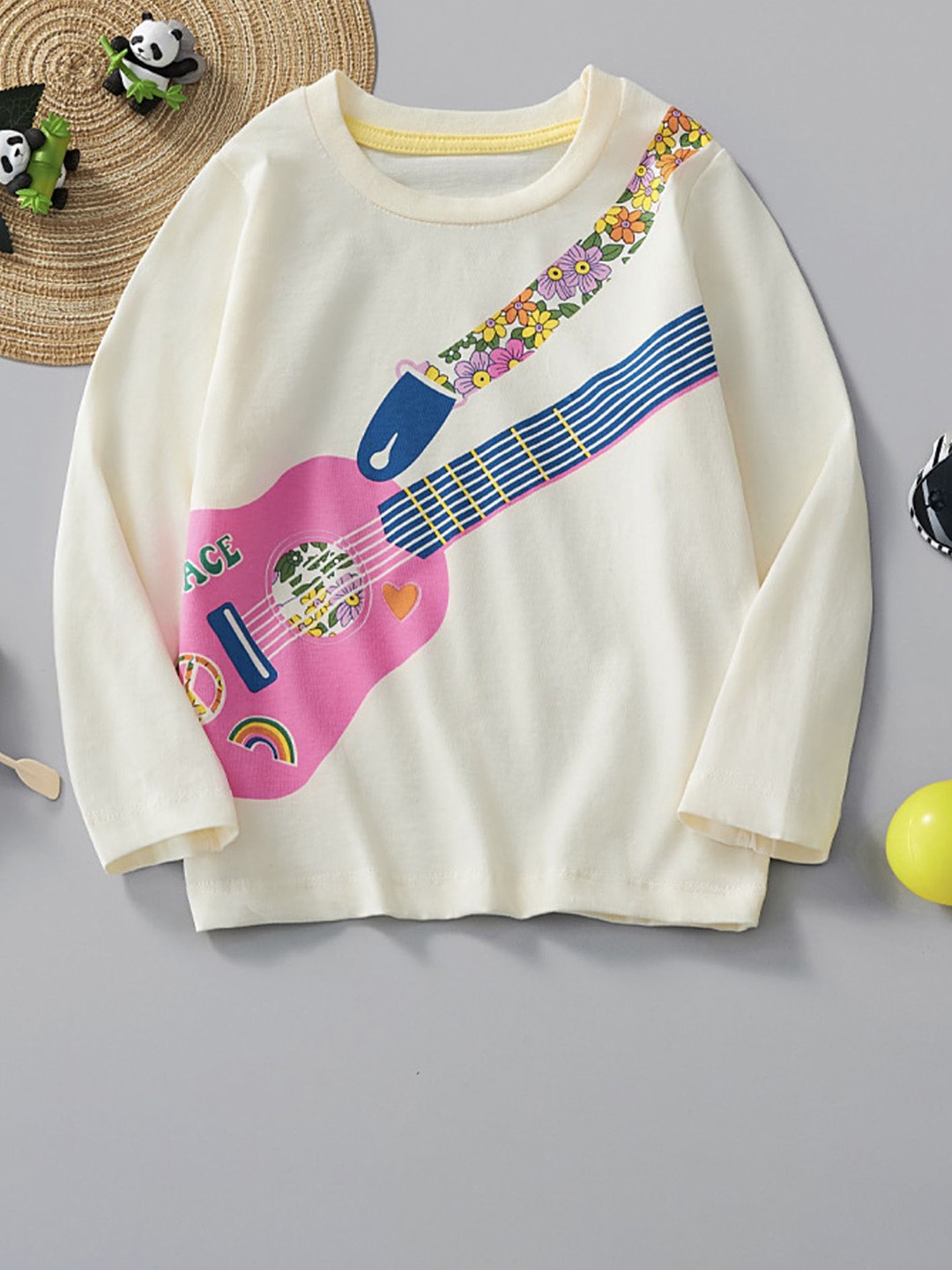 

LULU & SKY Girls Typography Printed V-Neck Organic Cotton Applique T-shirt, Beige