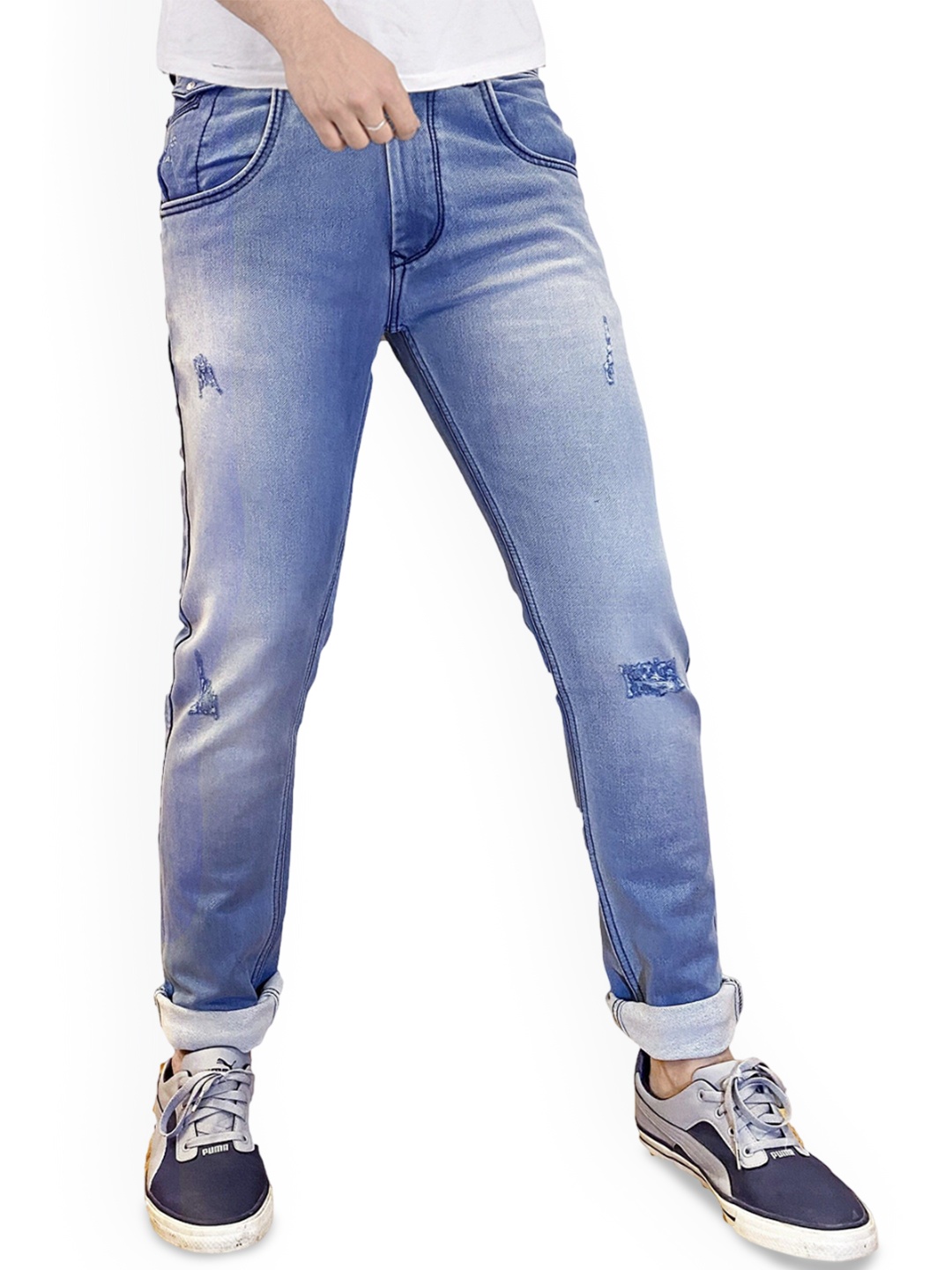 

fineblu Men Slim Fit Mildly Distressed Heavy Fade Stretchable Jeans, Blue