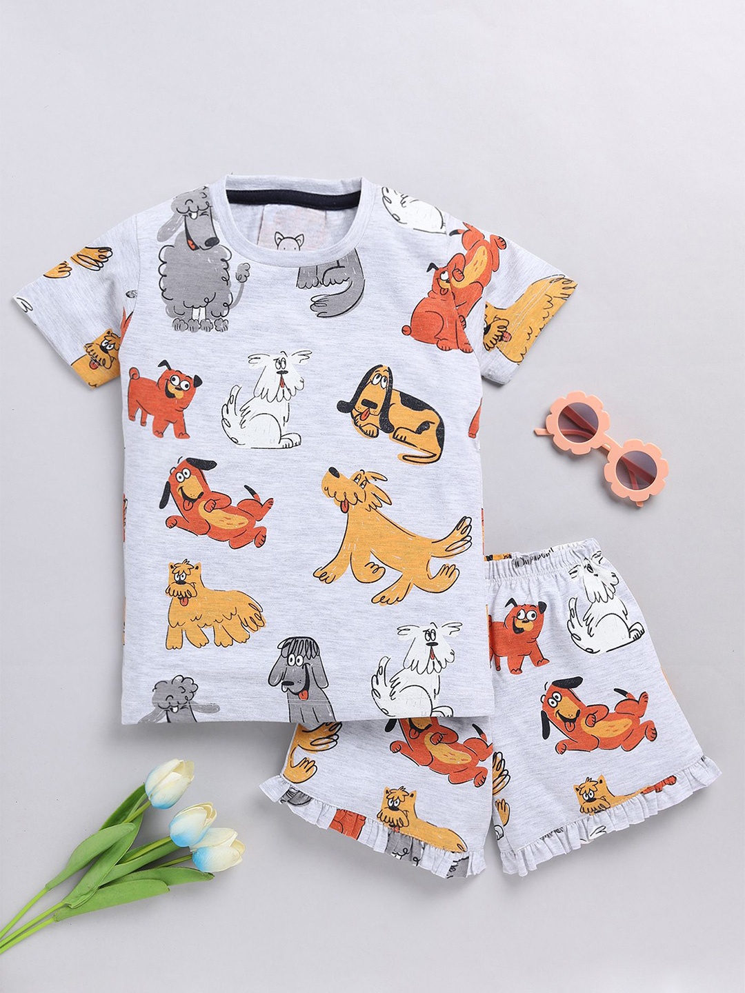 

YK Girls Printed T-shirt with Shorts, Grey