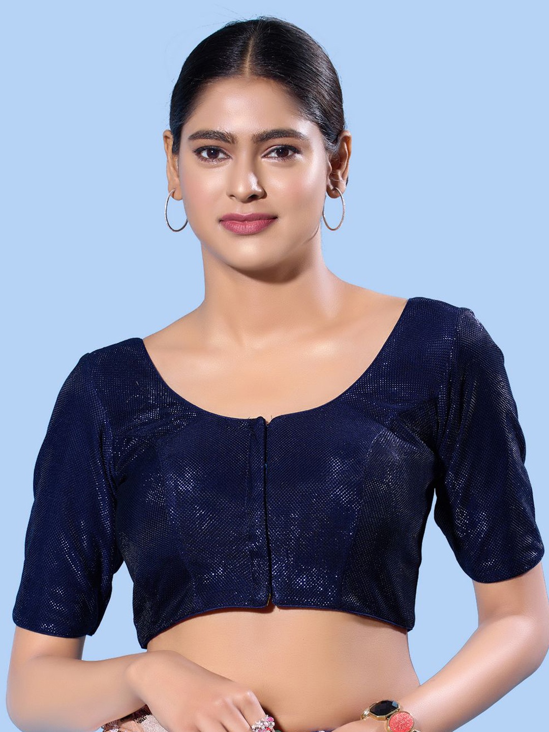 

VAMAS - THE DESIGNER BLOUSES Women Round Neck Padded Saree Blouse, Navy blue