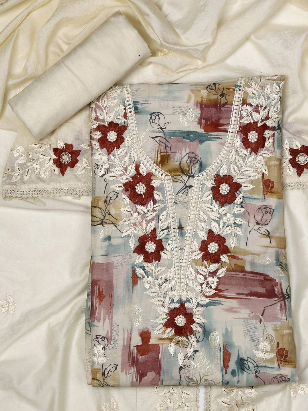 

SALWAR STUDIO Embroidered Pure Silk Unstitched Dress Material, White