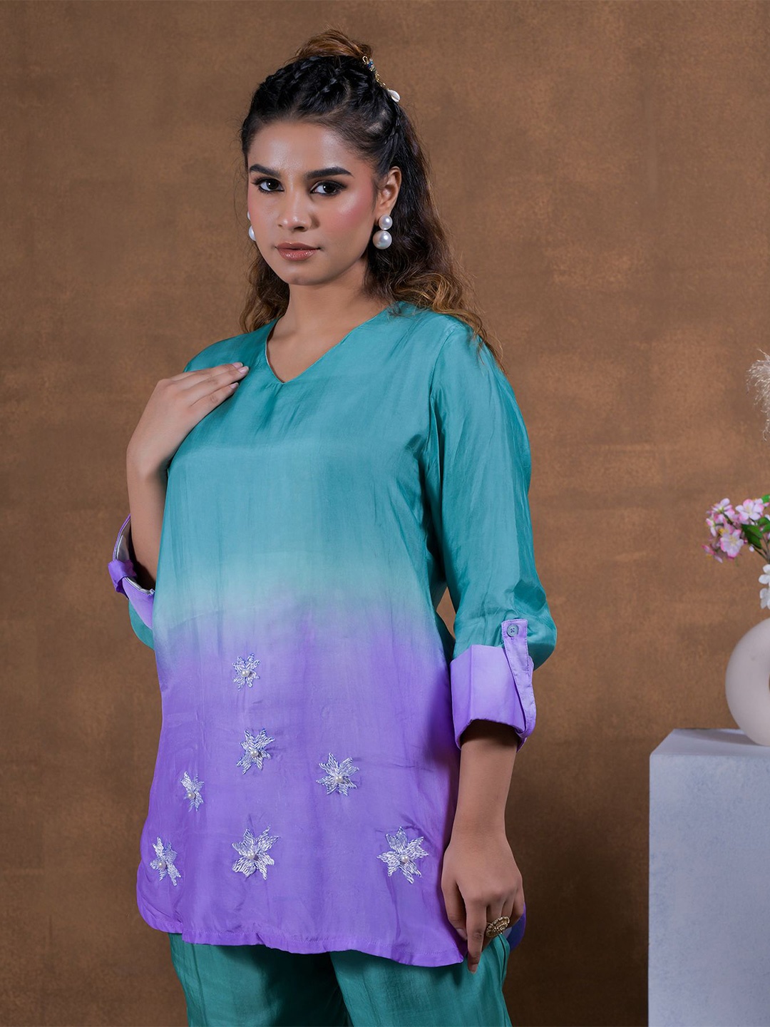 

Phulkari Forever Embellished Embroidered Roll-Up Sleeves Pure Silk Top, Purple