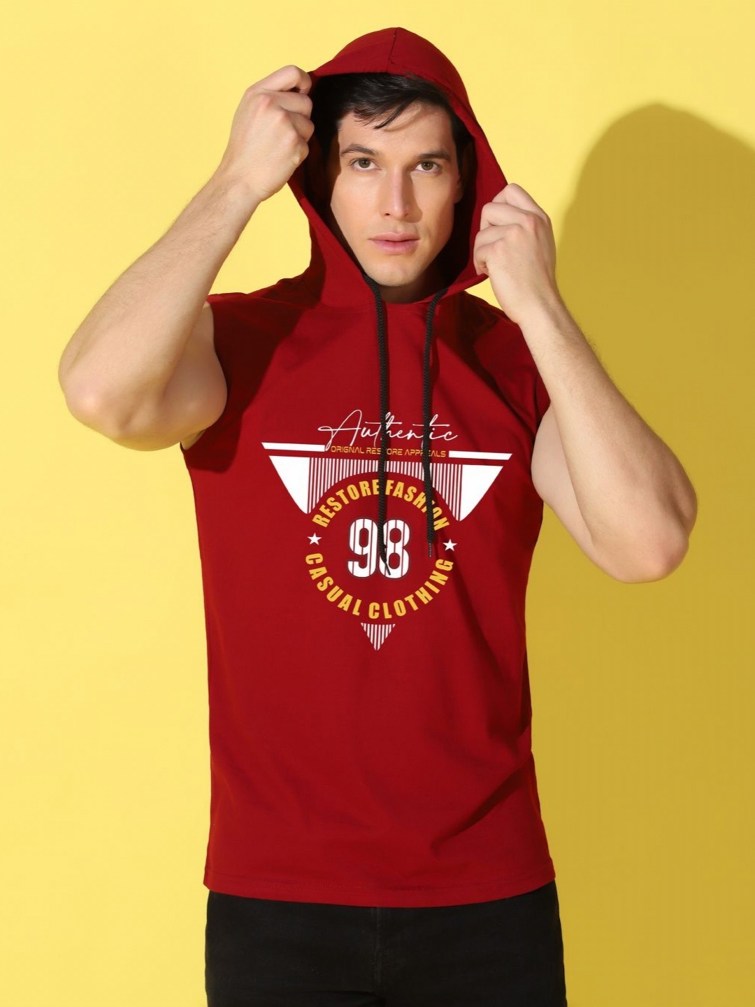 

WOOSTRO Men Typography Printed Hooded Slim Fit T-shirt, Maroon