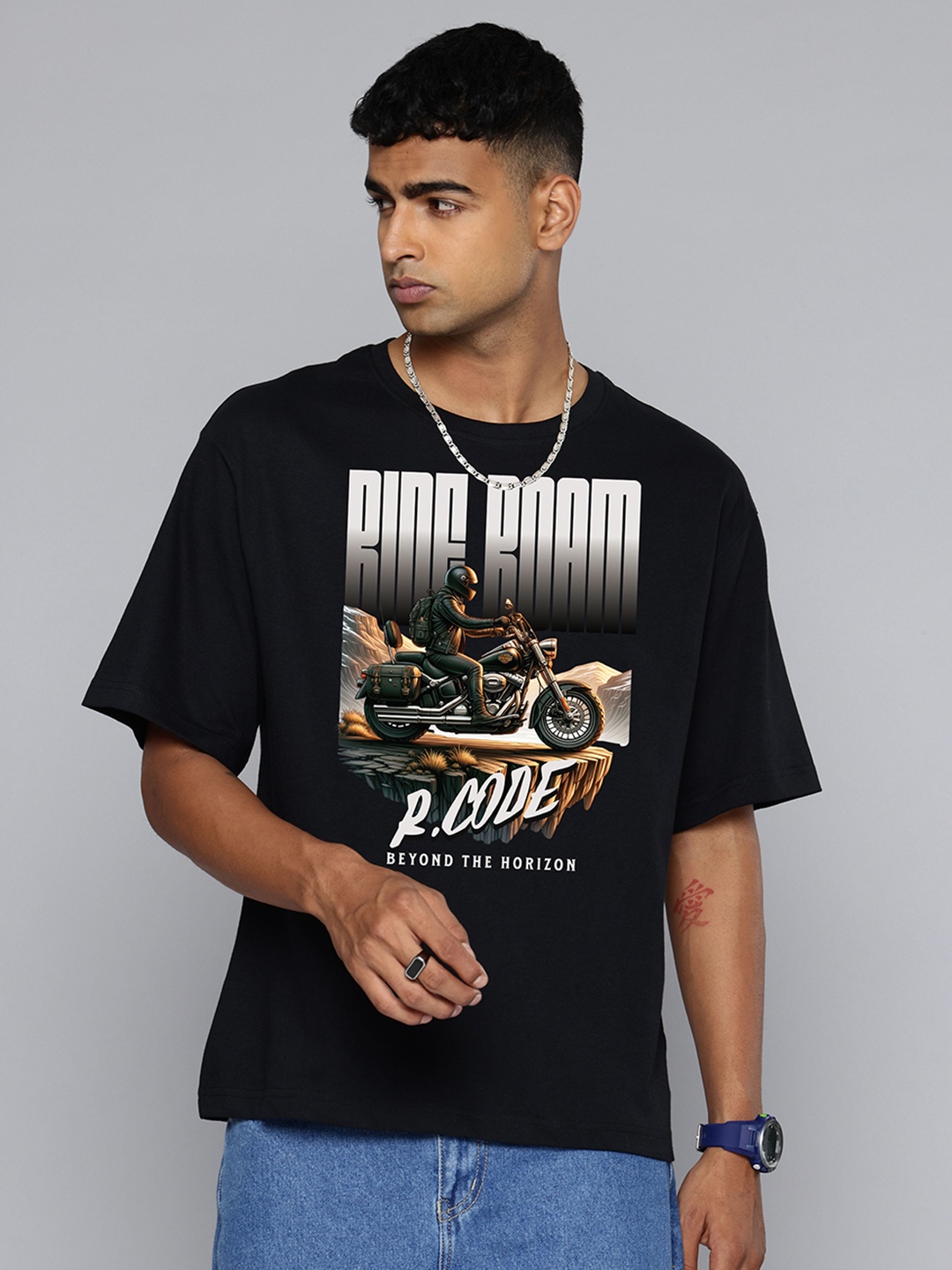 

R.Code by The Roadster Life Co. Men Printed T-shirt, Black