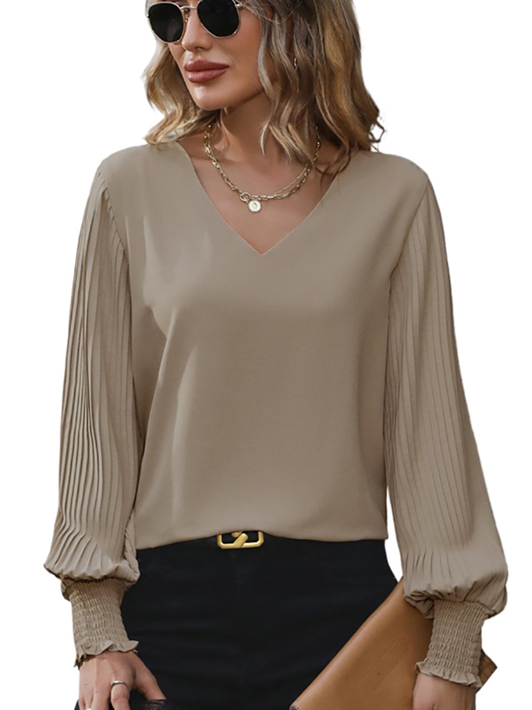 

StyleCast x Revolte Women Flutter Sleeve Solid Regular Top, Khaki