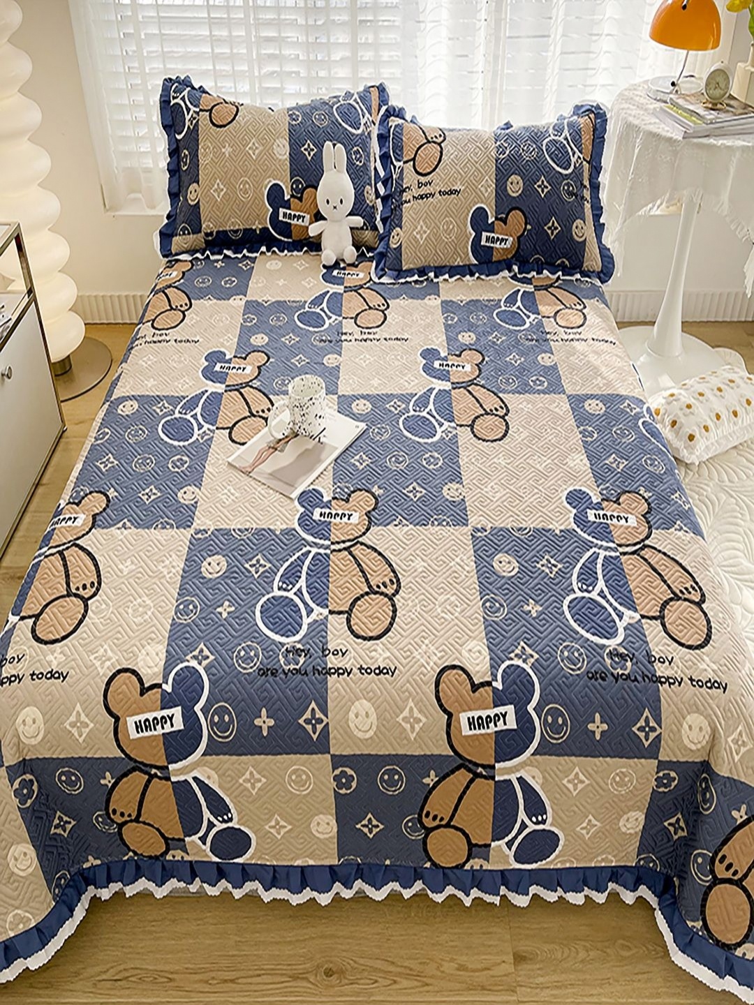 

JC HOME Blue & Brown Printed Cotton Double Queen Bed & Pillow Cover