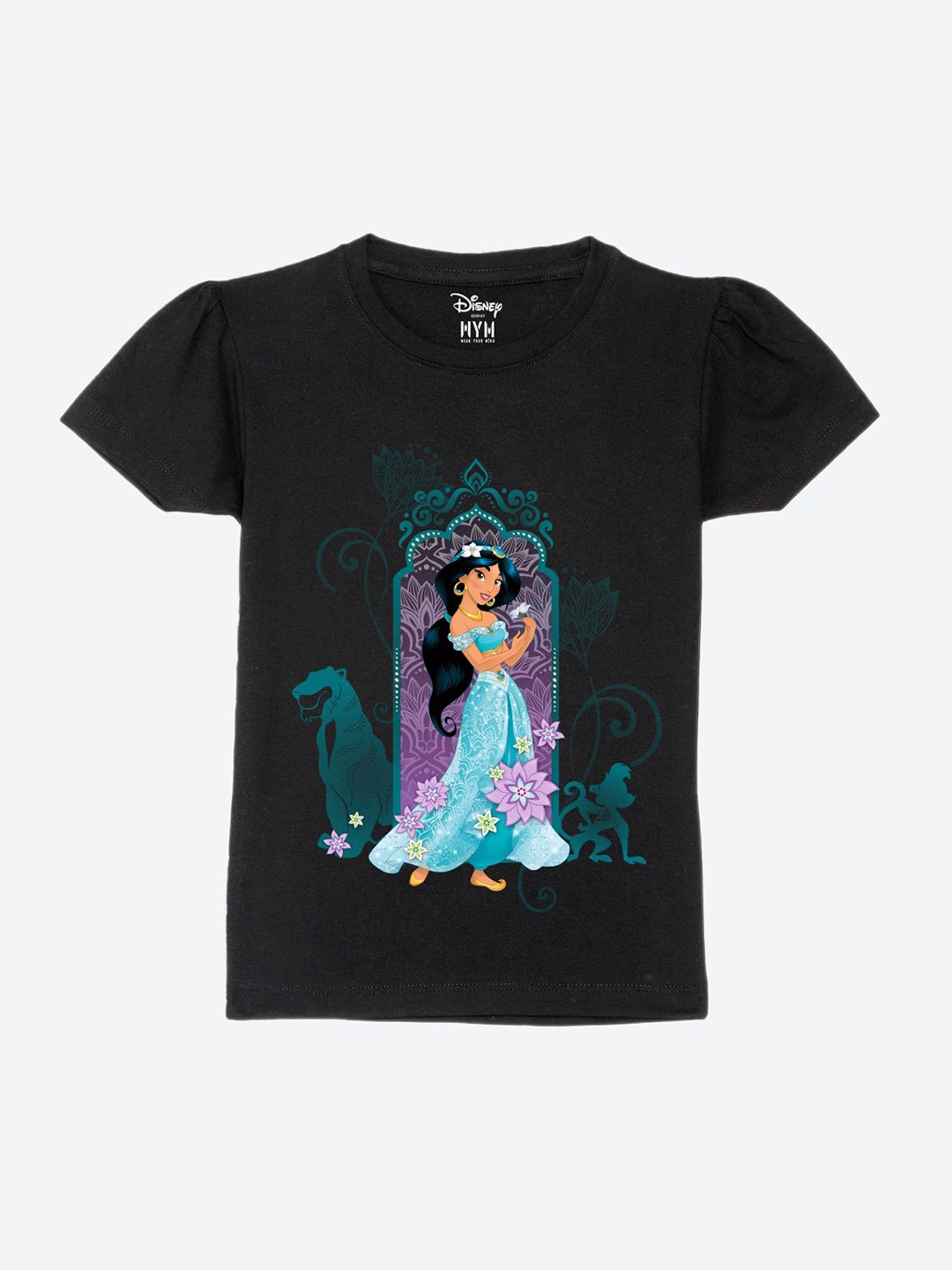 

Wear Your Mind Girls Printed Puff Sleeves Pure Cotton T-shirt, Black