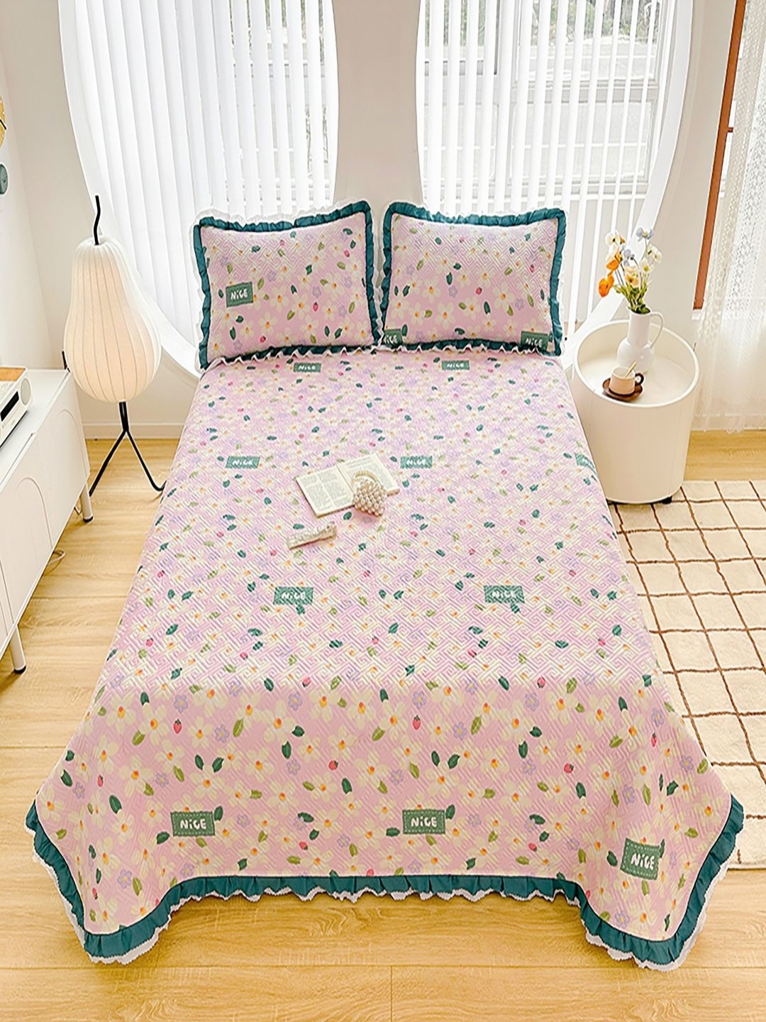 

JC HOME Pink & Blue Printed Cotton Double King Bed & Pillow Cover