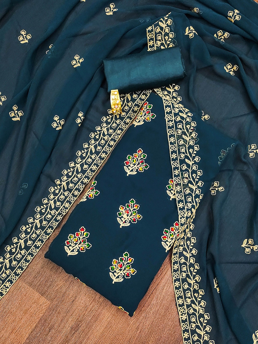

SHADOW & SAINING Embroidered Silk Georgette Unstitched Dress Material, Teal