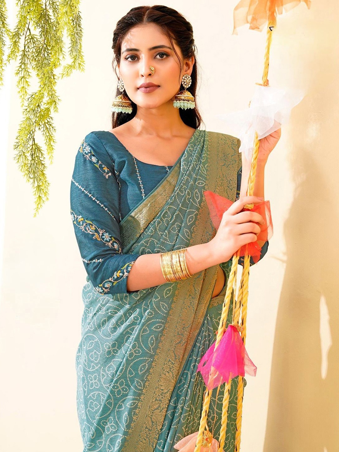 

Swaranjali Floral Silk Cotton Bandhani Saree, Sea green