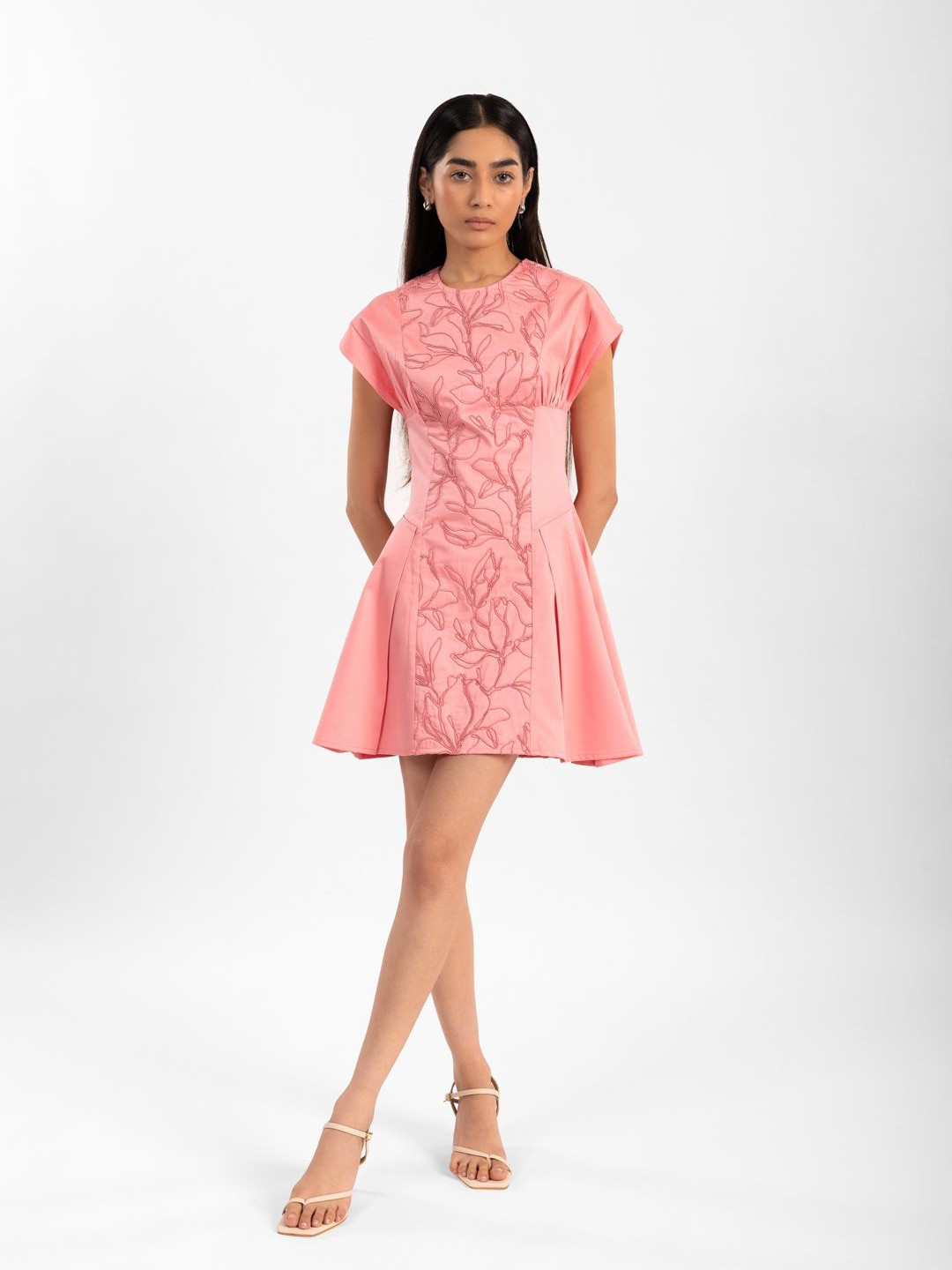 

Contemponari Embroidered Fit & Flare Mini Dress, Pink