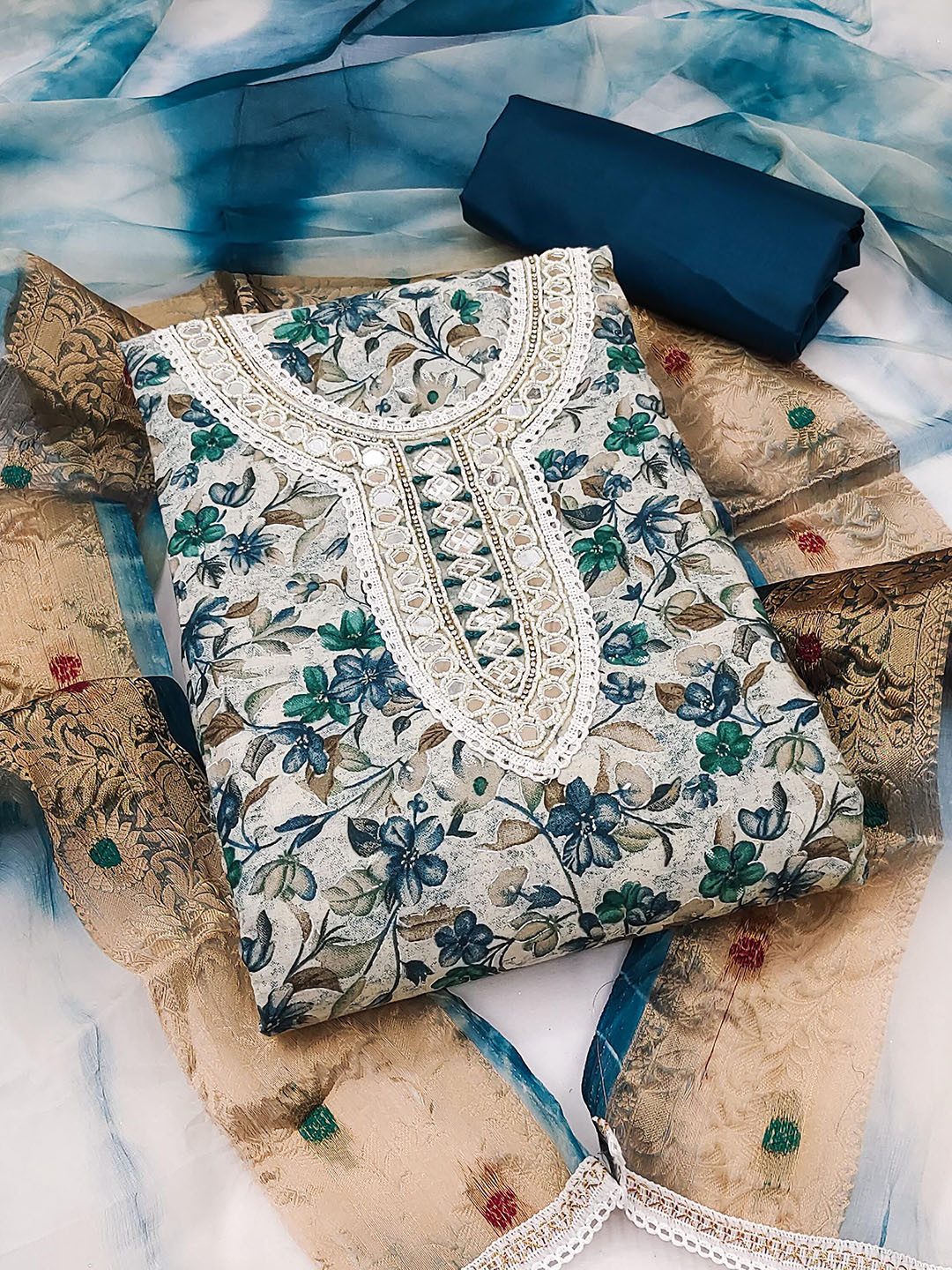 

SHADOW & SAINING Embellished Semi-Stitched Dress Material, Off white