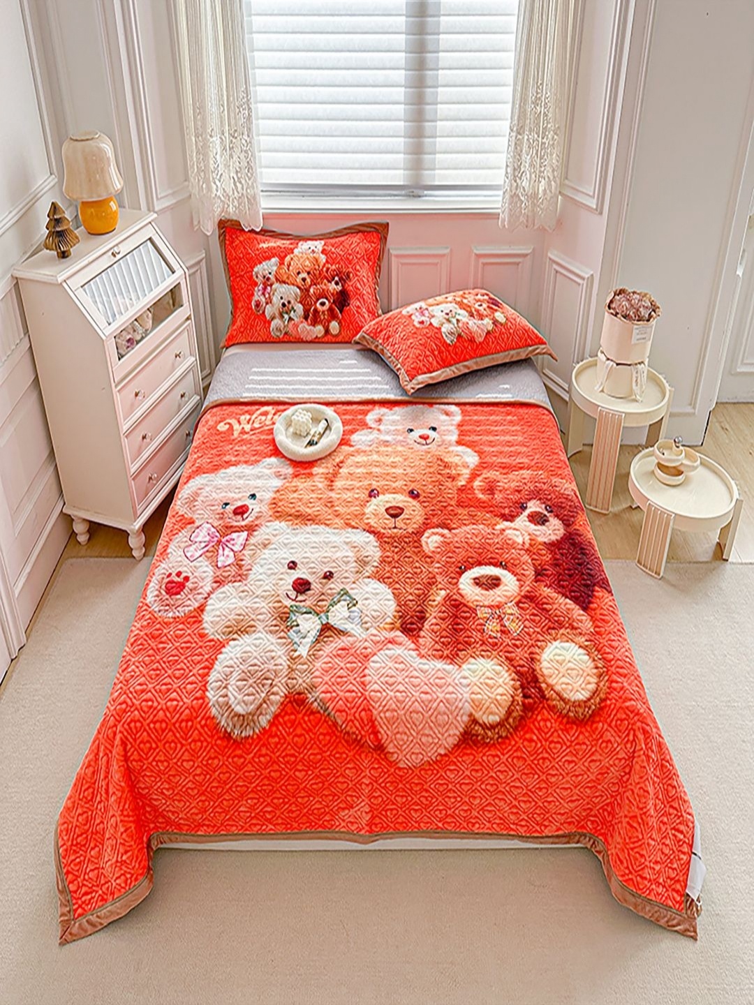 

JC HOME Orange - Colored & White Printed Cotton Double King Bed & Pillow Cover