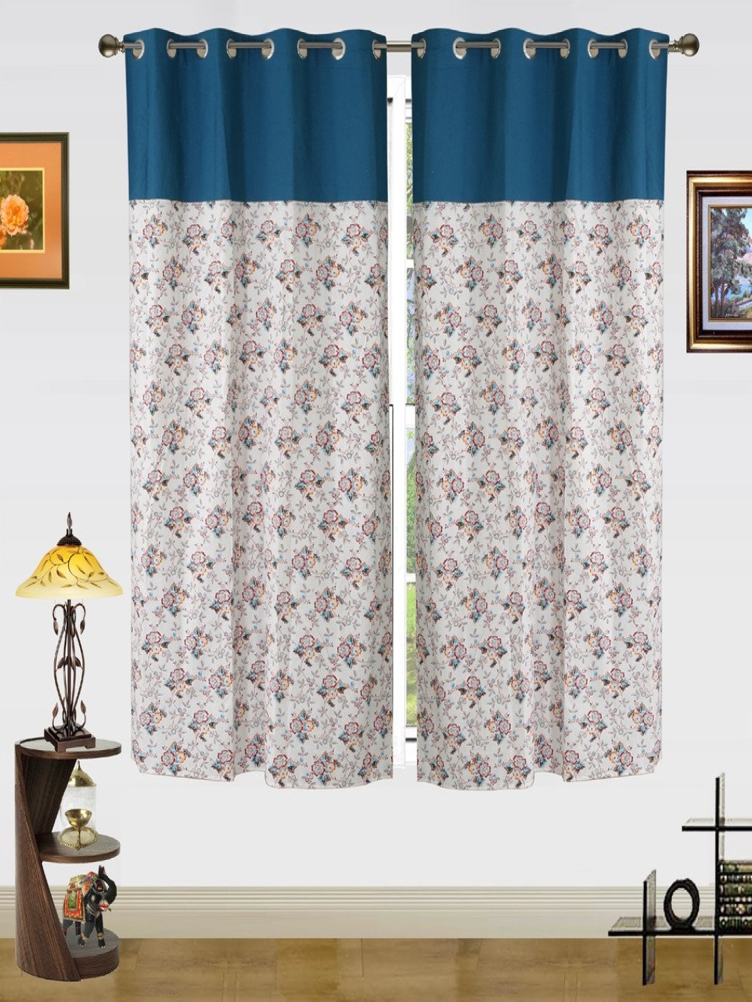 

Dekor World Blue Set of 2 Floral Window Curtain