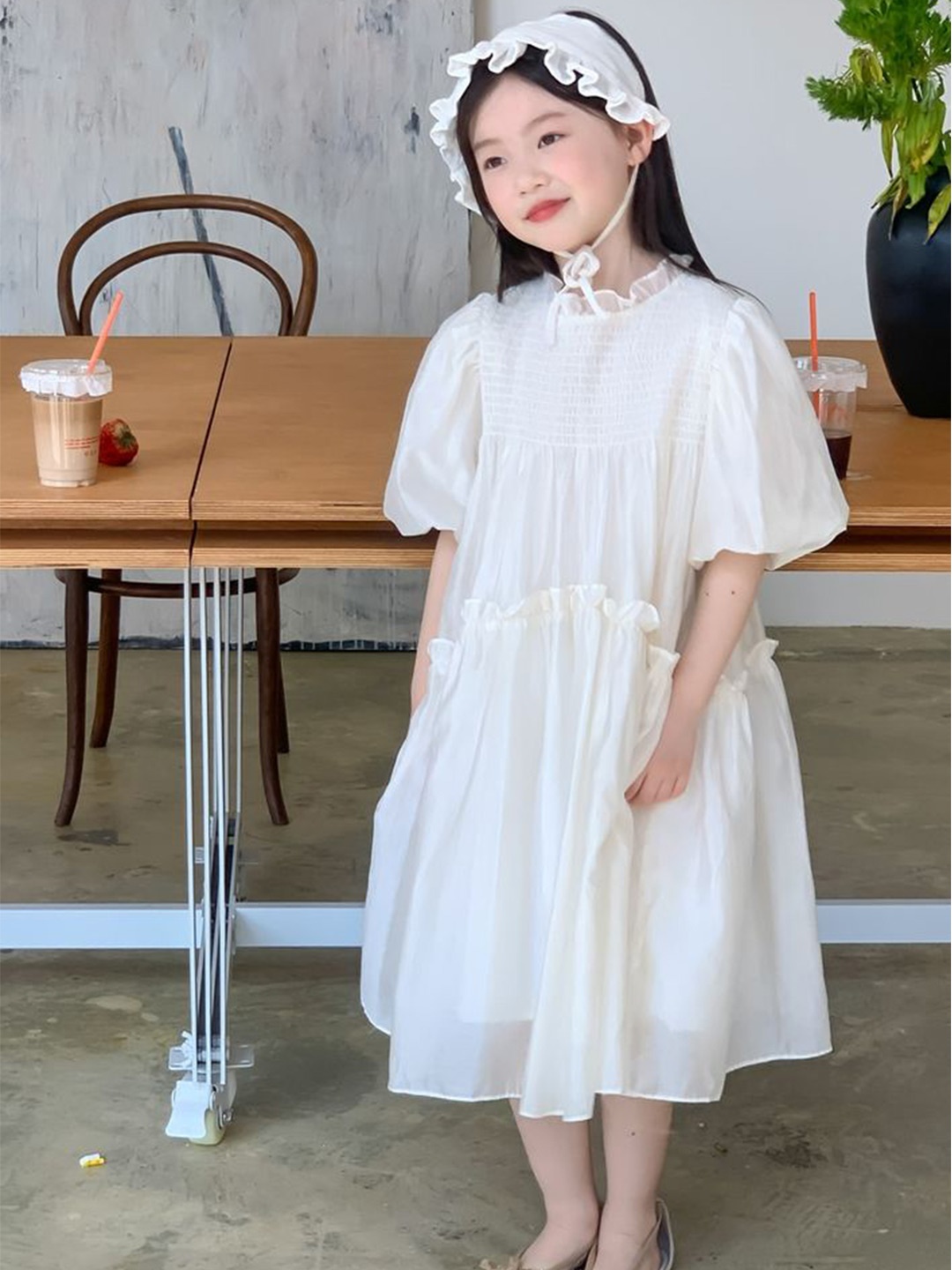 

LULU & SKY Puff Sleeve A-Line Dress, Beige
