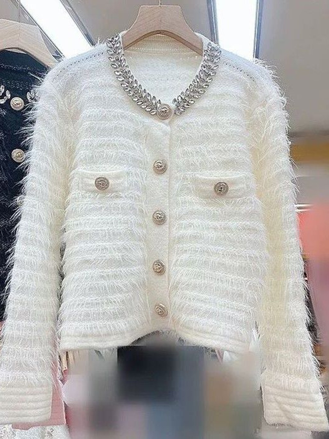 

PANKH Women Boucle Woollen Cardigan with Fuzzy Detail, White