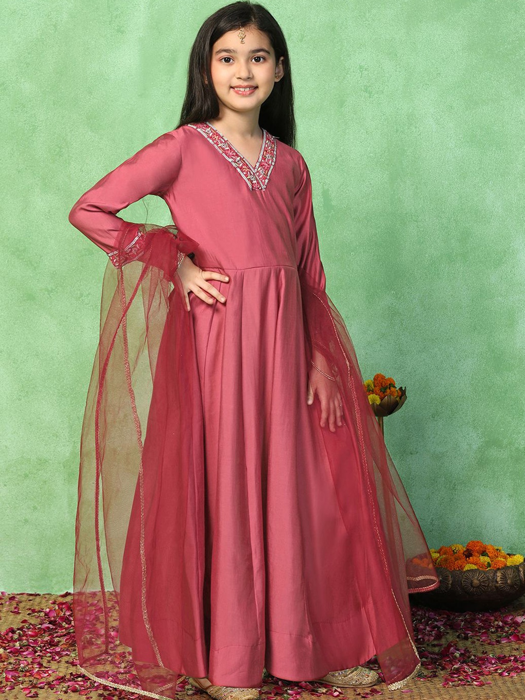 

Sangria Girls Fit & Flare Ethnic Dress With Dupatta, Pink