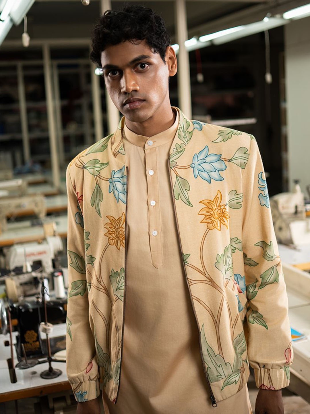 

Project Bandi Floral Printed Bomber Jacket, Beige