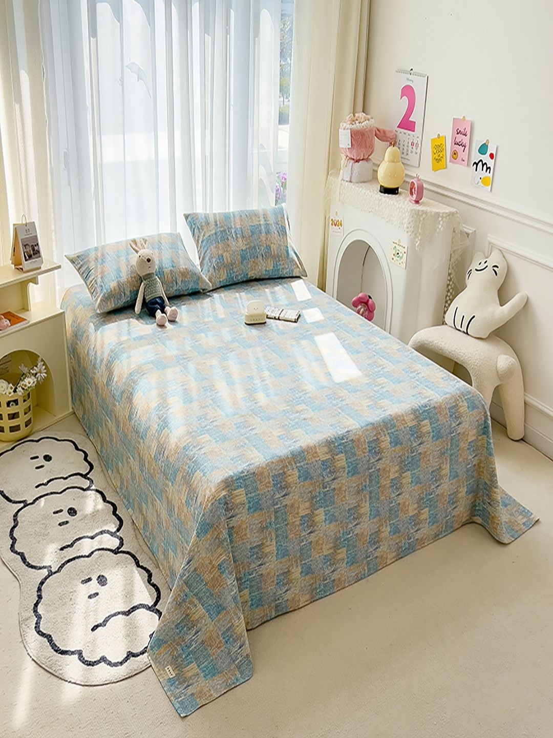 

JC HOME Blue & Beige 140 TC Single Bedsheet with 1 Pillow Covers