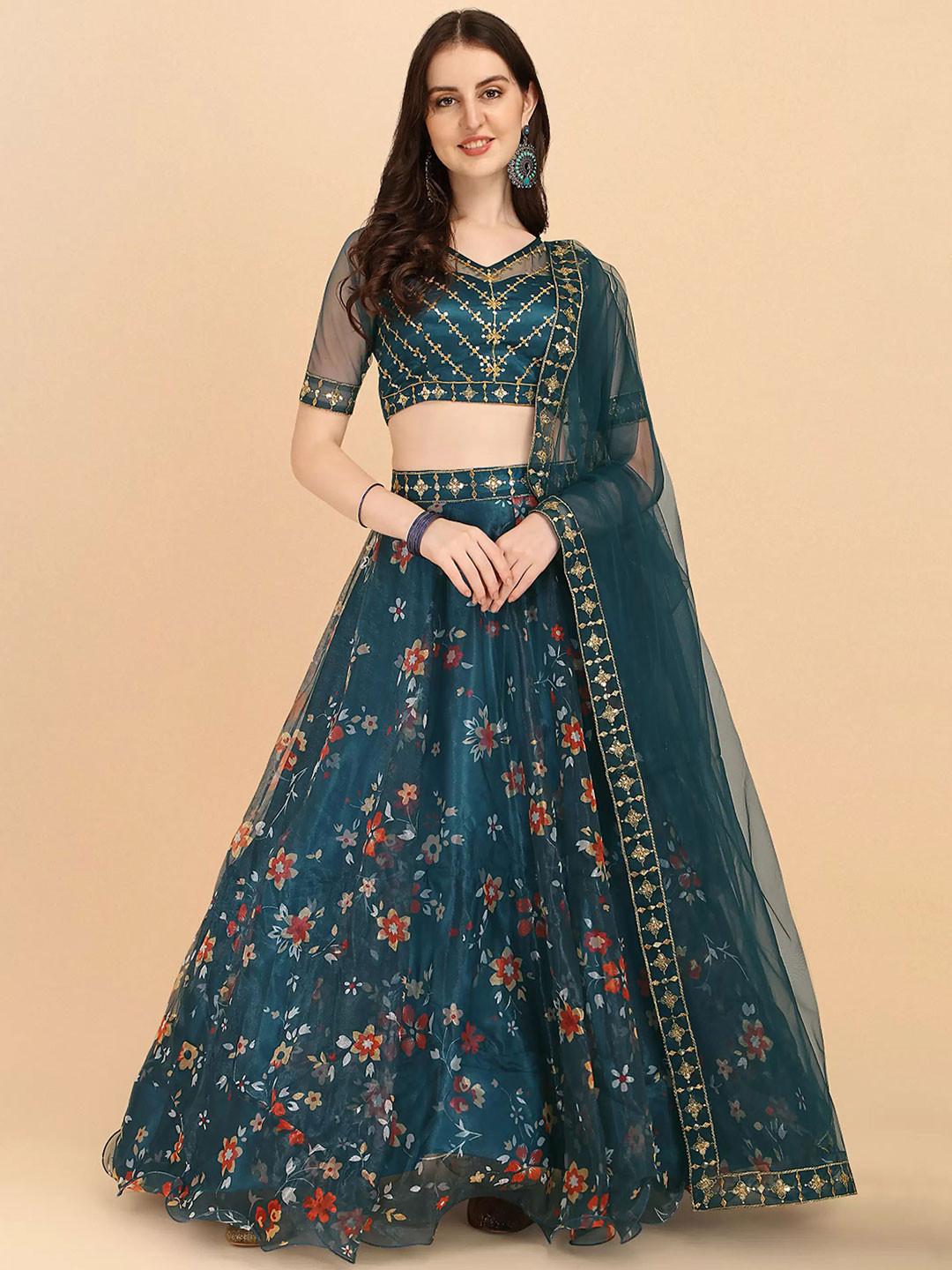 

Piludi Embroidered Sequinned Semi-Stitched Lehenga & Unstitched Blouse With Dupatta, Teal