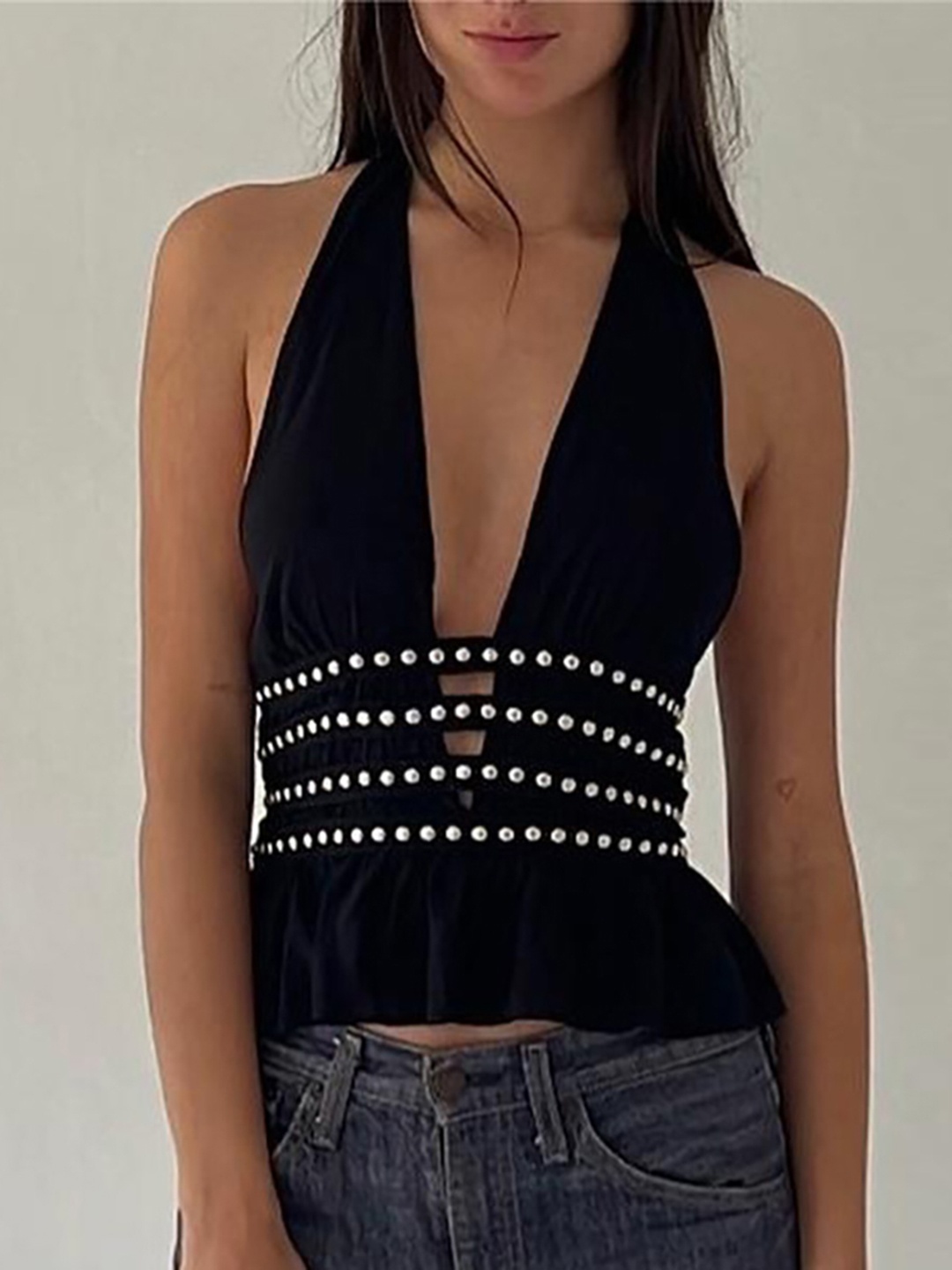 

StyleCast x Revolte Embellished Halter Neck Bralette Crop Top, Black
