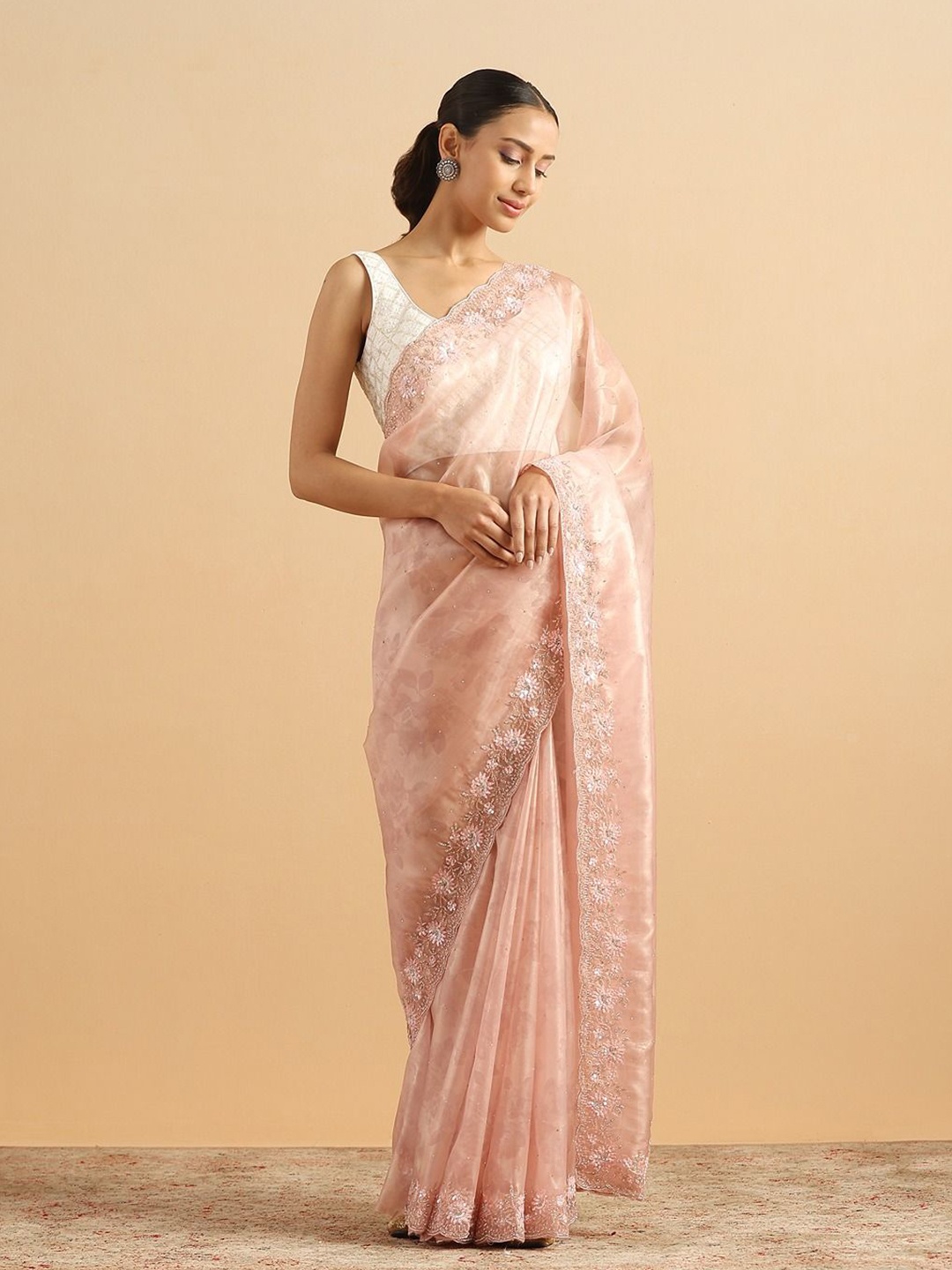 

Twamev Beads and Stones Organza Saree, Pink