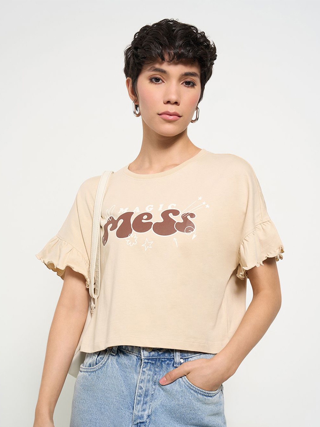 

People Print Extended Sleeves Cotton Top, Steel
