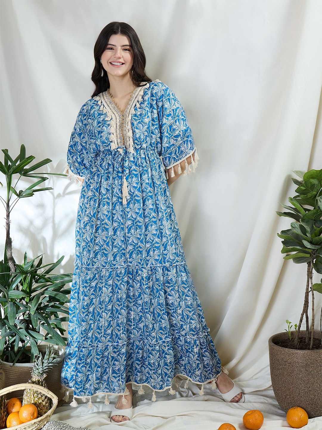 

DRAPE AND DAZZLE Floral Print Bell Sleeve Maxi Dress, Blue