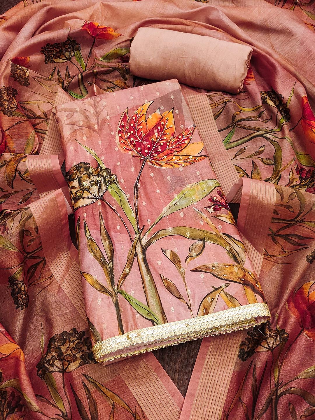

SHADOW & SAINING Embellished Semi-Stitched Dress Material, Peach