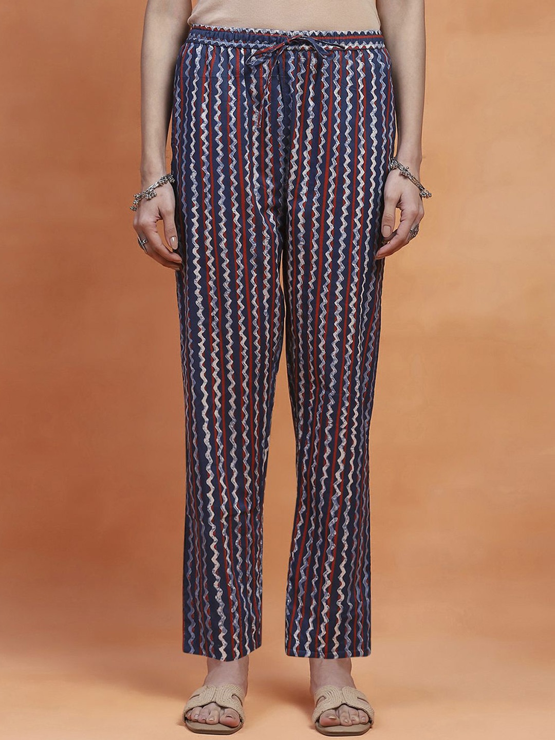 

House of Chikankari Women Printed Relaxed Straight Fit Trousers, Blue
