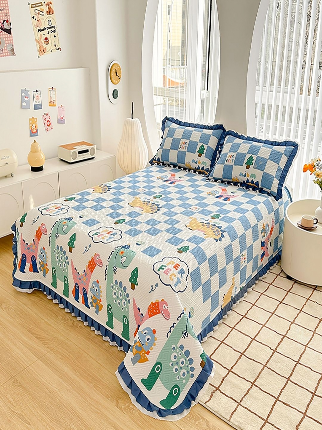 

JC HOME Blue & White Printed Cotton Double King Bed & Pillow Cover